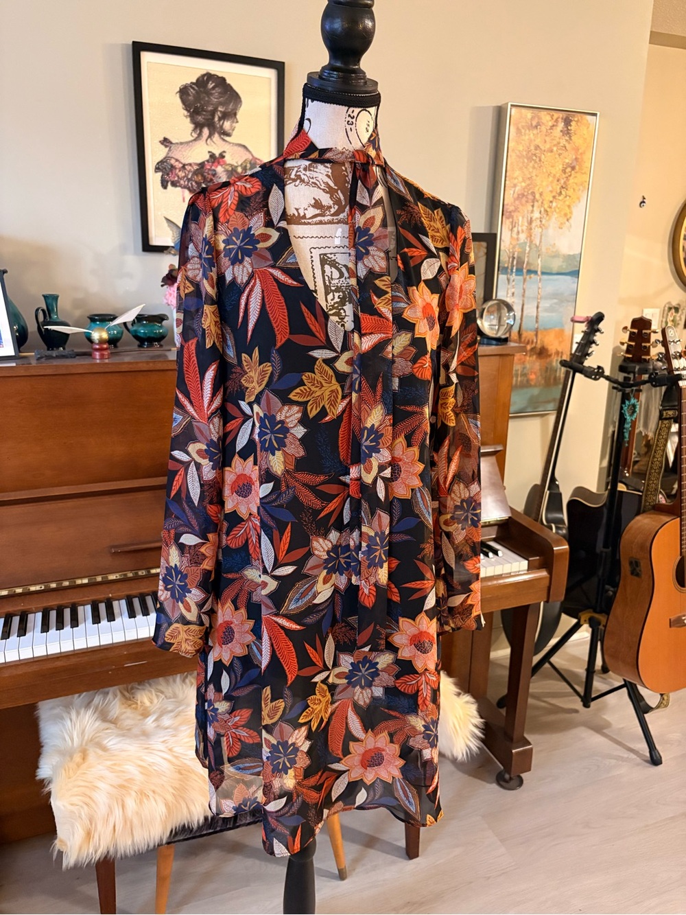 Beige by Eci Floral Long-Sleeve Tie-Neck Dress